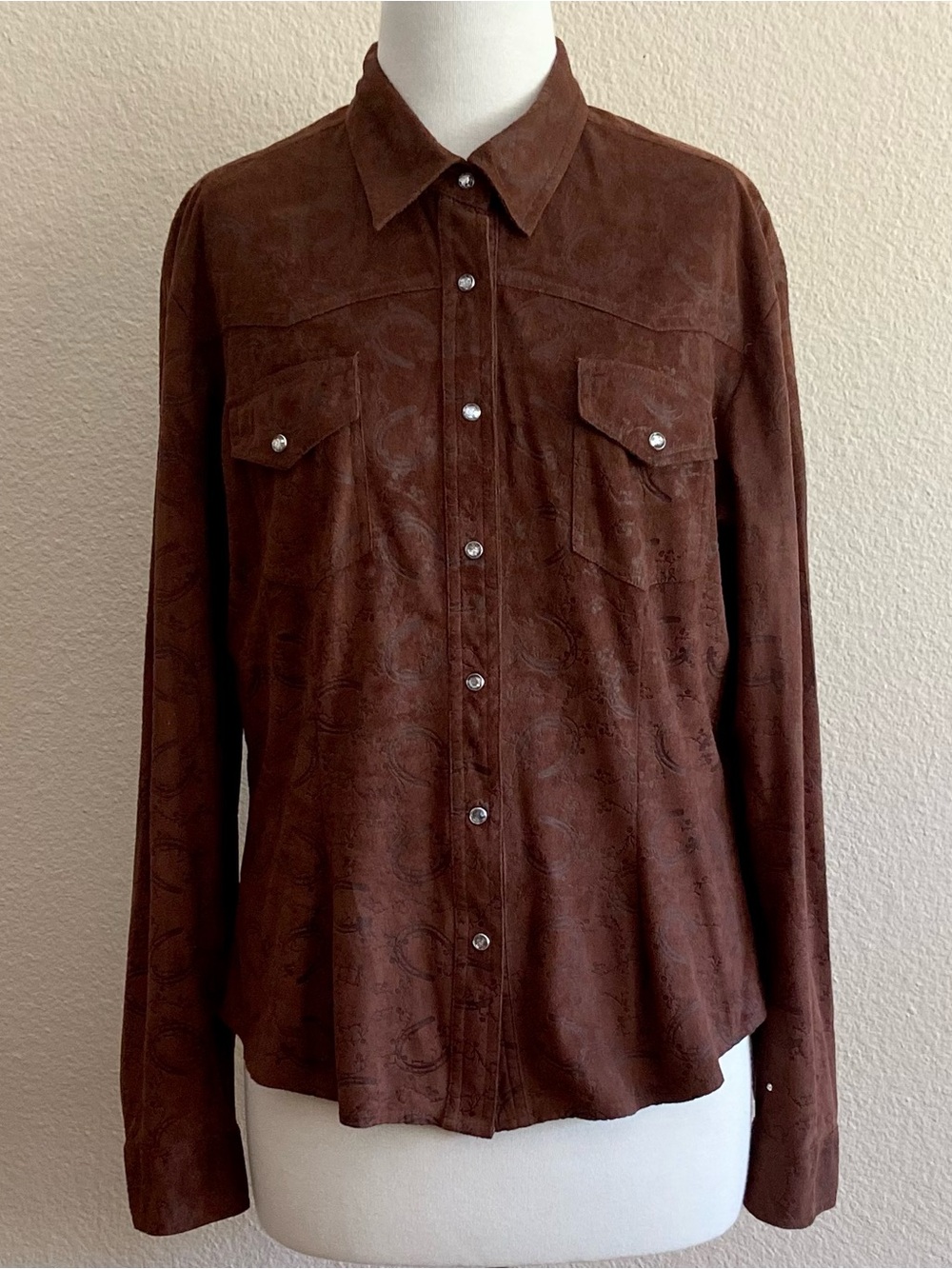 Top - Western Button Down - Flap Pockets - Rhinestone Buttons  Faux Suede Fabric